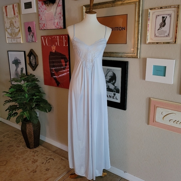 Vintage - 70's Giland Baby Blue Nylon Lace Maxi Chemise Slip Dress - Picture 1 of 6